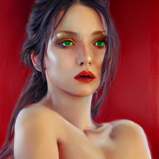 Image similar to a portrait of an intensely lit scolopendra girl modeling, red, oil painting, pale colors, high detail, 8 k, wide angle, trending on artstation,