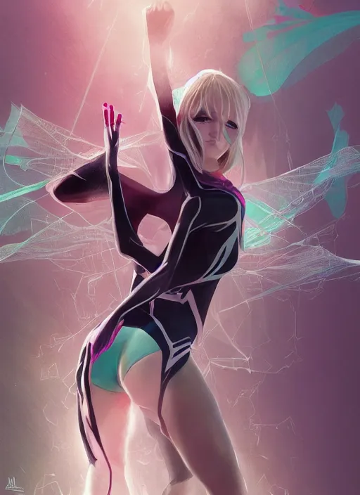 Image similar to ultra realistic illustration, emily clarke as spidergwen anime, intricate, elegant, highly detailed, digital painting, artstation, concept art, smooth, sharp focus, illustration, art by artgerm and greg rutkowski and alphonse mucha and wlop