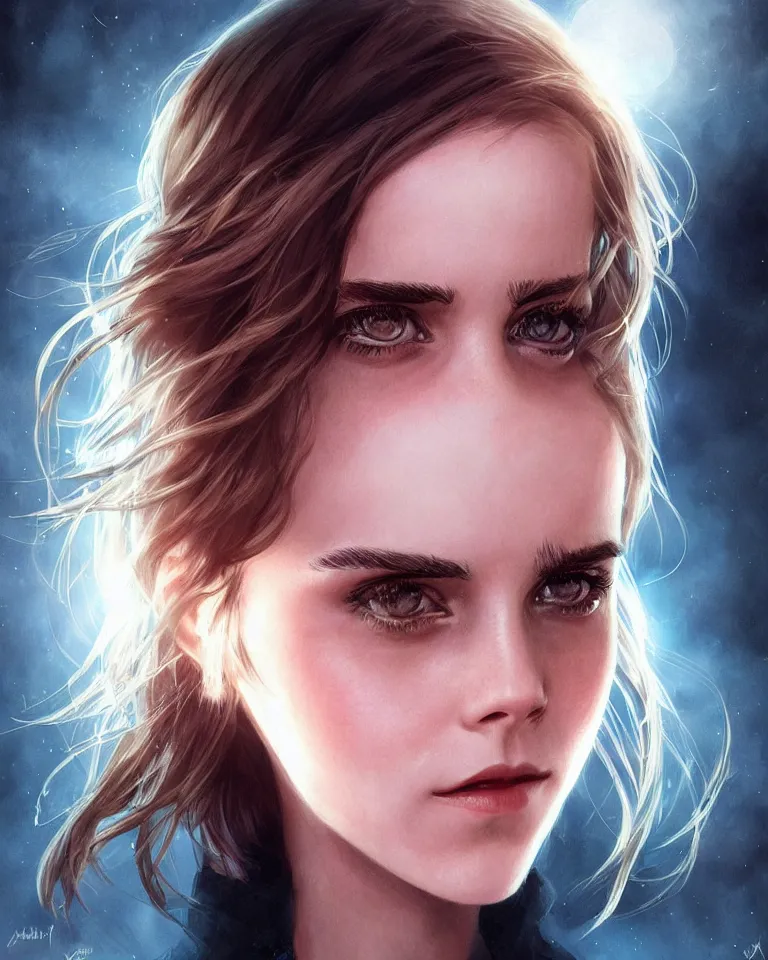 Image similar to emma watson with big eyes, beautiful eyes, blue eyes, green eyes, lovely eyes, red eyes, glowing eyes, by artgerm and greg rutkowski