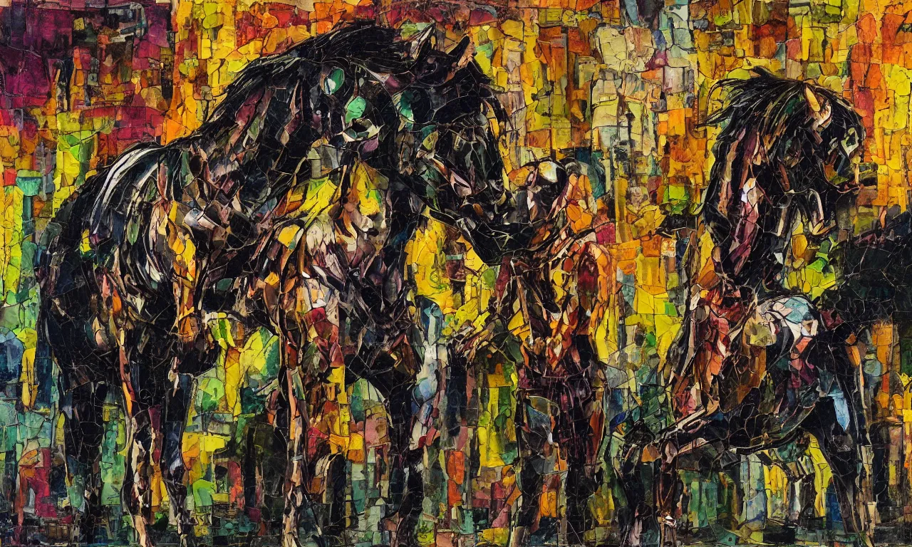 Prompt: i am not me the horse is not mine, cyberpunk gauche impasto, steampunk, hyper realistic, depth of field city.