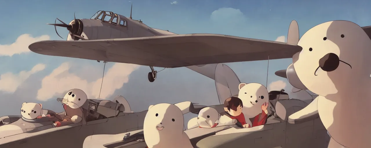 Image similar to baby harp seal pilot crashing airplane, japanese zero, 1 9 3 0 s, atey ghailan, goro fujita, studio ghibli, rim light, intense daytime lighting, clear focus, very coherent