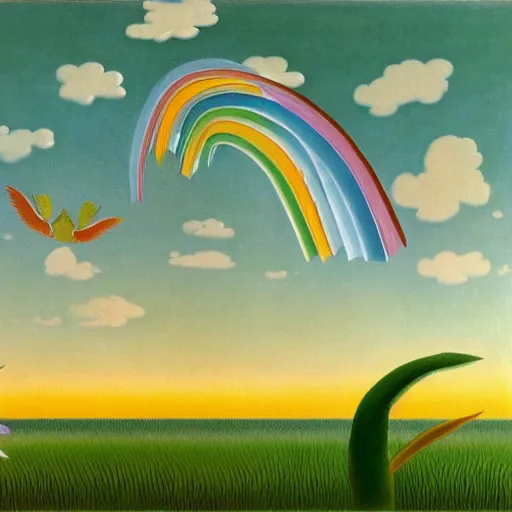 Image similar to Two Alicorns iwth rainbow wings flying over a lake, artwork by Henri Rousseau