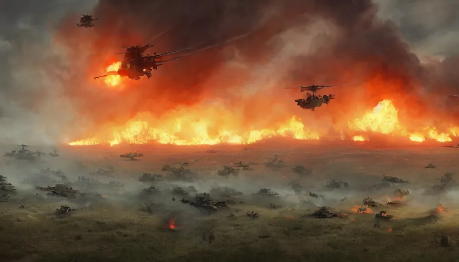 Prompt: Huge war in the burning field with tanks, troops and helicopters, smoke columns and ashes everywhere, destroyed village hyperdetailed, artstation, cgsociety, 8k