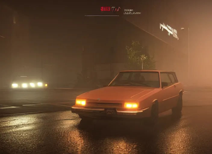 Image similar to hyperrealistic matte painting of gta game in moscow, 1 9 9 0, playstation 5 screenshot, mega details, dark night, orange lights, heavy rain, fog, beautiful rtx reflections, soviet suburbs, photorealistic, unreal engine 5, octane render, volumetric light, cg society, 4 k, 5 0 mm bokeh, russian lada car, artstation