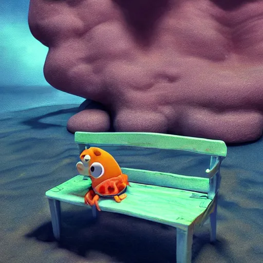 Image similar to patrick with a sad!!! expression slouching on a bench in the bikini bottom, global illumination!!! dim lighting, midnight, cinematic, extremely detailed, beautiful, stunning composition, beautiful light rays, trending on artstation