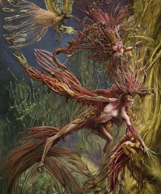 Prompt: a portrait photograph of hunter schafer as a strong alien harpy queen with amphibian skin. she is dressed in a colorful slimy organic membrane catsuit and transforming into an bird with an armored exoskeleton. by donato giancola, walton ford, ernst haeckel, peter mohrbacher, hr giger. 8 k, cgsociety, fashion editorial