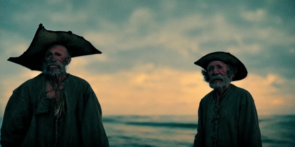 Image similar to film still of closeup old man holding up lantern by his beach hut at night. pirate ship in the ocean by emmanuel lubezki