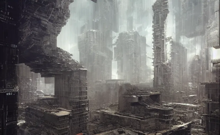 Image similar to Brutalist architecture buildings, hyperrealistic mixed media, stunning 3d render inspired art by P. Craig Russell and Barry Windsor-Smith + perfect facial symmetry + dim volumetric lighting, 8k octane beautifully detailed render, post-processing, extremely hyperdetailed, intricate futuristic mechanic parts, epic composition, grim yet sparkling atmosphere, cinematic lighting + masterpiece, trending on artstation