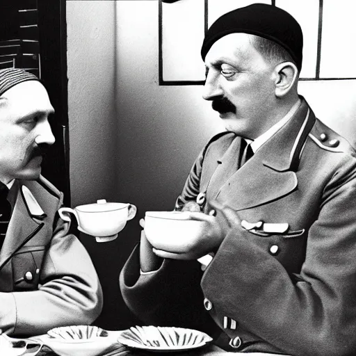 Image similar to a photo of hitler take tea with a muslim, photorealistic, realism, black and white