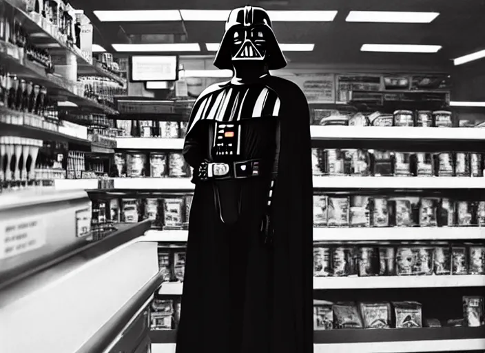 Image similar to film still of Darth Vader working as a clerk in a convenience store in the new Star Wars movie, 4k, black and white