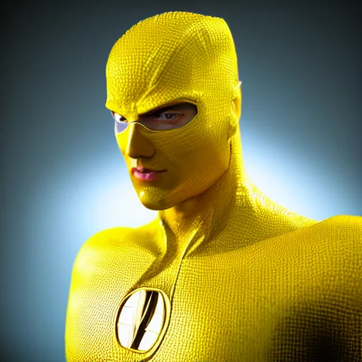 Image similar to still photo of yellow super - man, highly detailed, photorealistic portrait, bright studio setting, studio lighting, crisp quality and light reflections, unreal engine 5 quality render