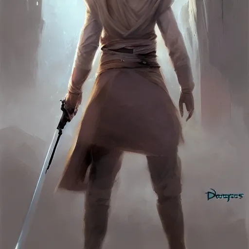 Image similar to a young blonde male jedi with short hair looking away at a threat full body shot concept art by Doug Chiang cinematic concept art, realistic painting, high definition, digital art, matte painting, symmetrical, very detailed, realistic, dramatic lighting, cinematic, establishing shot, extremely high detail, photo realistic, cinematic lighting, post processed, concept art, artstation, matte painting, red color scheme