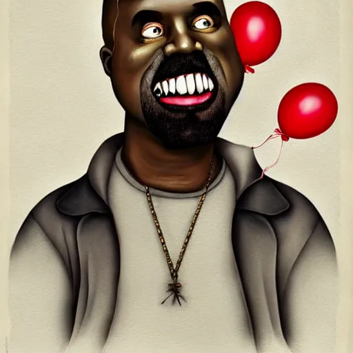 Image similar to grunge cartoon painting of kanye with a wide smile and a red balloon by chris leib, loony toons style, pennywise style, corpse bride style, horror theme, detailed, elegant, intricate