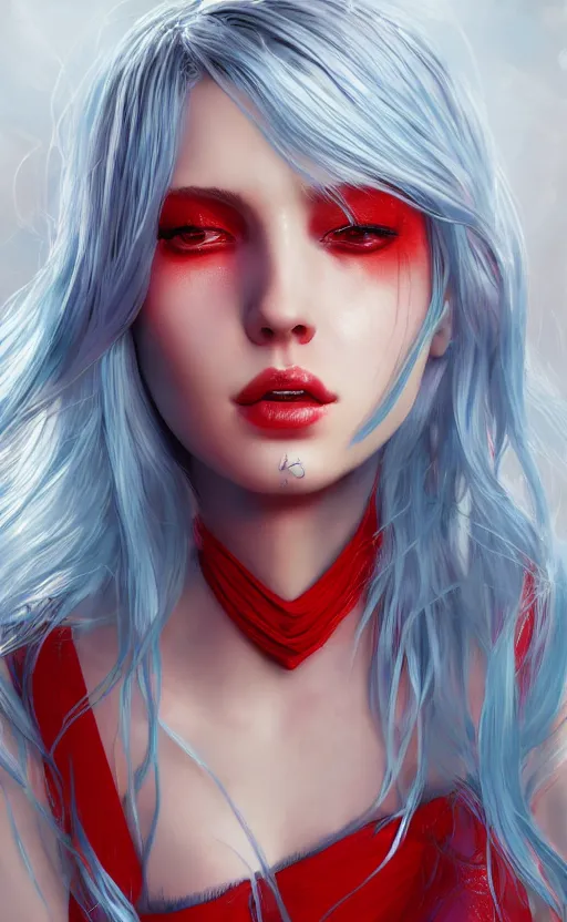 Image similar to the prettiest woman with silver blue hair, in a red and white dress portrait, dynamic lighting, fantasy concept art, trending on art station, stunning visuals, creative, cinematic, ultra detailed, ray tracing, sun rays, hyper realistic