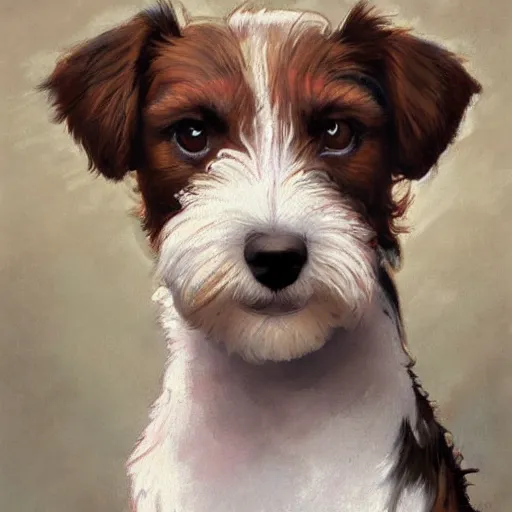 Image similar to a high quality painting of a very cute scruffy wire haired jack russell terrier puppy, white with chocolate brown spots, brown patches over both eyes. friendly, curious expression. painting by artgerm and greg rutkowski and alphonse mucha