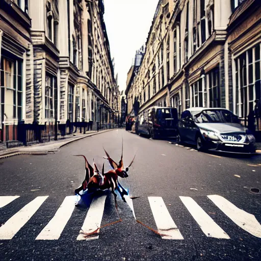 Image similar to a huge ant in a london street, photography, cinematic