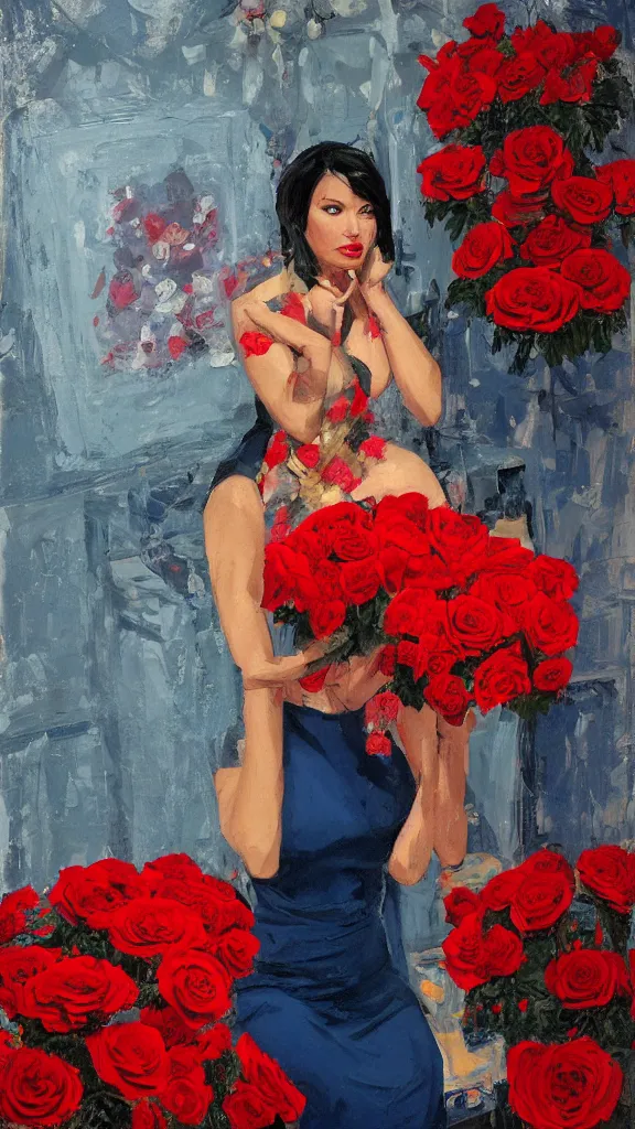 Image similar to portrait of rebekah delrio in lynch pattern dress beside of a big persian detailed pot of red roses, blue and red lights, mulholland drive, painted by craig mullins