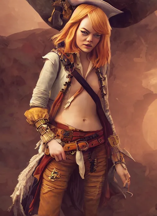 Image similar to emma stone is a pirate captain, hyper detailed, digital art, trending in artstation, cinematic lighting, studio quality, smooth render, unreal engine 5 rendered, octane rendered, art style by klimt and nixeu and ian sprigger and wlop and krenz cushart.