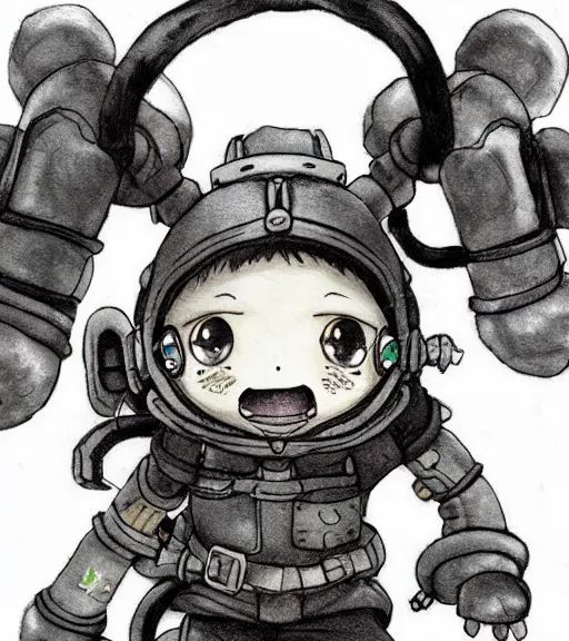 Prompt: beautiful little boy wearing an cyborg bear suit, artwork in kentaro miura and made in abyss and sakimichan, inspired in super bomberman, smooth, beautiful lightness, anatomically correct, trending on pixiv, space