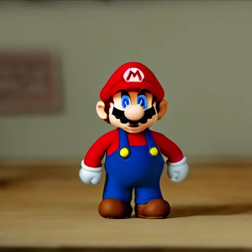 Image similar to Mario Mario in a still from the short movie The Wrong Trousers (1993), stopmotion animation, detailed plasticine models, 4k