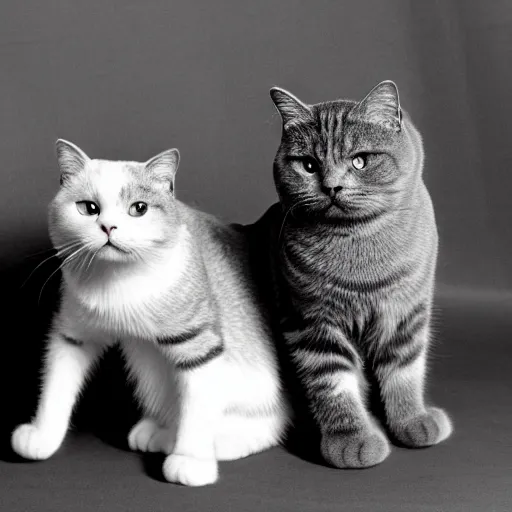 Image similar to a Scottish Fold cat and a British Short cat . both cats are grey. comic, black and white, by Jim Davis