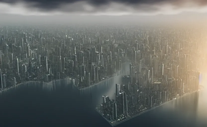 Image similar to a photo of a metropolis built on a island floating above the sea in the sky, waterfalls fall from the island into the sea, cinematic, 8 k, highly - detailed