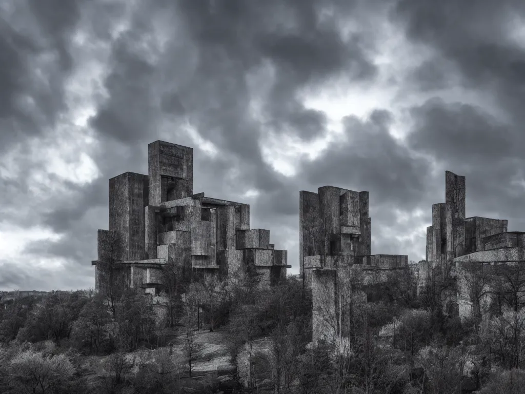 Image similar to photo of a brutalist symmetric cathedral built over a rocky hill, in the middle of a storm. realistic clouds. impressive, magical, very atmospheric, cinematic, very high complexity, stunning, masterpiece, romantic, very detailed. 4 k
