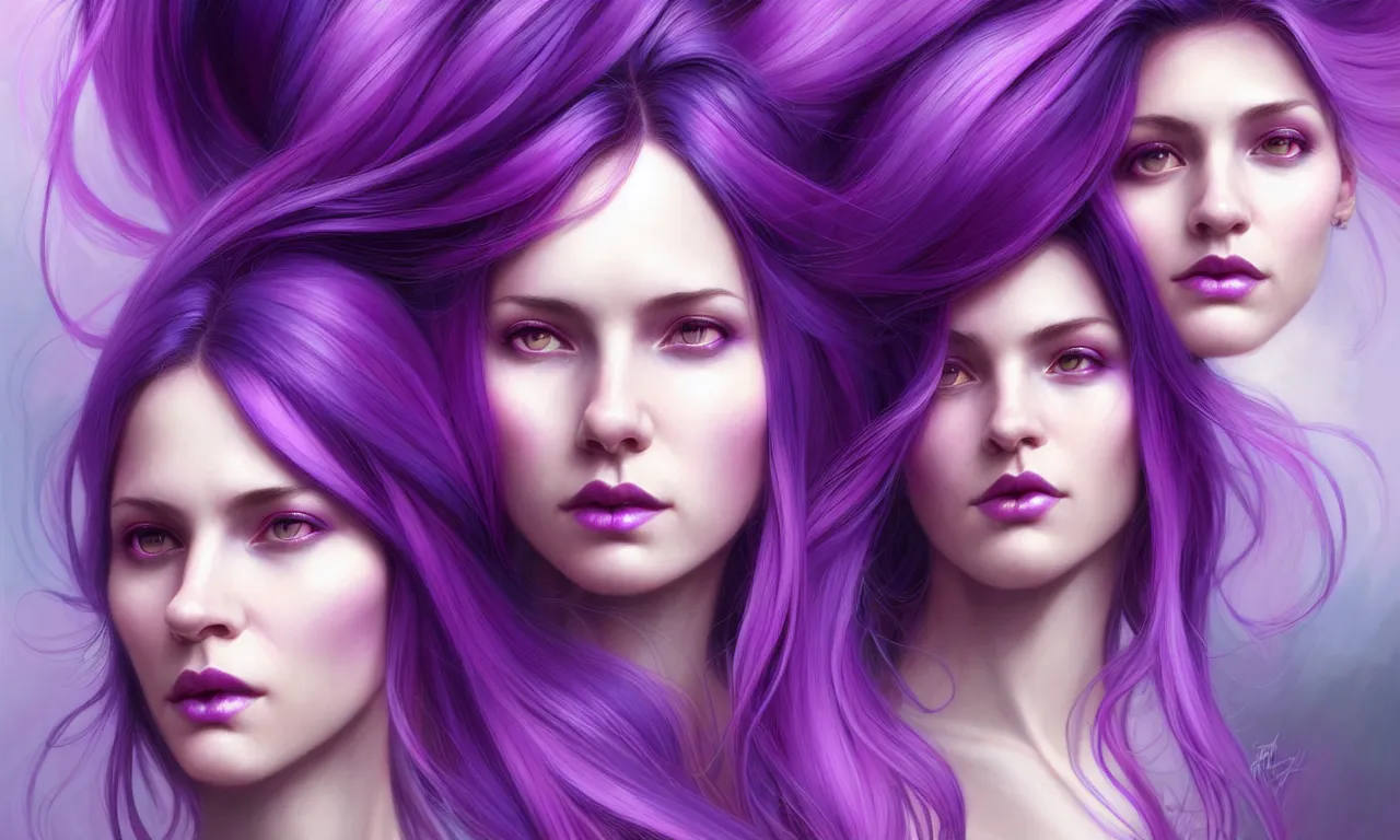 Image similar to Purple hair relistic Portrait of a three woman with bright colored flying hair, all shades of purple. Beauty face, Hair coloring, fantasy, intricate, elegant, highly detailed, digital painting, artstation, concept art, smooth, sharp focus, illustration, art by artgerm and greg rutkowski and alphonse mucha