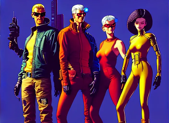 Image similar to cyberpunk heist crew. portrait by stonehouse and mœbius and will eisner and gil elvgren and pixar. character design. realistic proportions. cyberpunk 2 0 7 7 character art, blade runner 2 0 4 9 concept art. cel shading. attractive face. thick lines. the team. diverse characters. artstationhq.