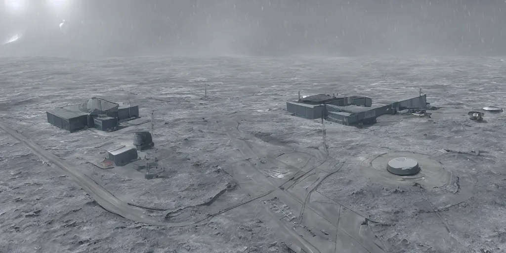 Image similar to hadley's hope base on lv 4 2 6 in the middle of the storm, atmosphere processor in the background, night, photorealistic, highly detailed, wide angle