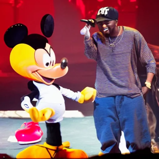 Prompt: kendrick lamar brings out goofy from mickey mouse on stage to rap