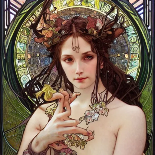 Prompt: realistic detailed face portrait of aphrodite by Alphonse Mucha, Ayami Kojima, Amano, Charlie Bowater, Karol Bak, Greg Hildebrandt, Jean Delville, and Mark Brooks, Art Nouveau, Neo-Gothic, gothic, rich deep moody colors