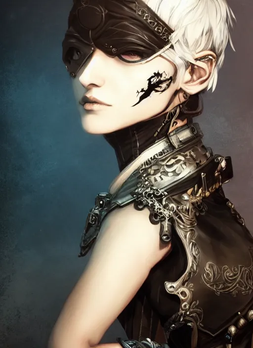 Image similar to Half body portrait of young woman with short silver hair wearing ornate leather tunic, pirate attire. In style of Yoji Shinkawa and Hyung-tae Kim, trending on ArtStation, dark fantasy, great composition, concept art, highly detailed, dynamic pose.