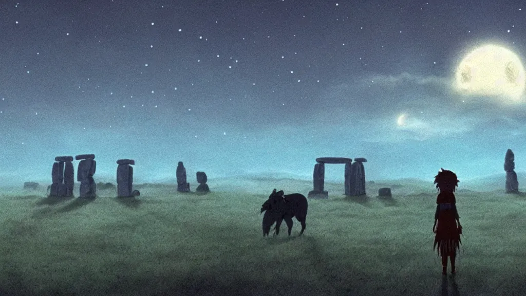 Image similar to a cell shaded cartoon movie still from princess mononoke ( 1 9 9 7 ) showing a giant ufo from independence day ( 1 9 9 6 ) over stonehenge. on a misty and starry night. very dull muted colors, hd, 4 k, hq