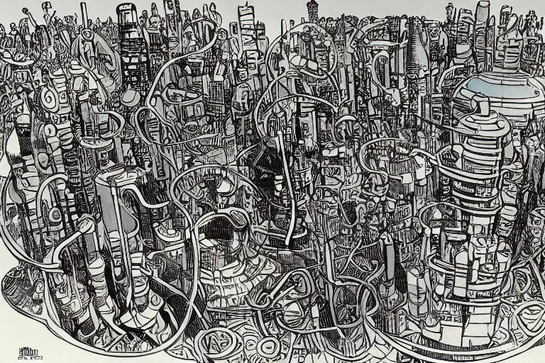 Prompt: an elaborate penned child illustration of an intricate connected city of tubes and pipes, by martin handford and by jan van haasteren and by simon bisley and by jack kirby