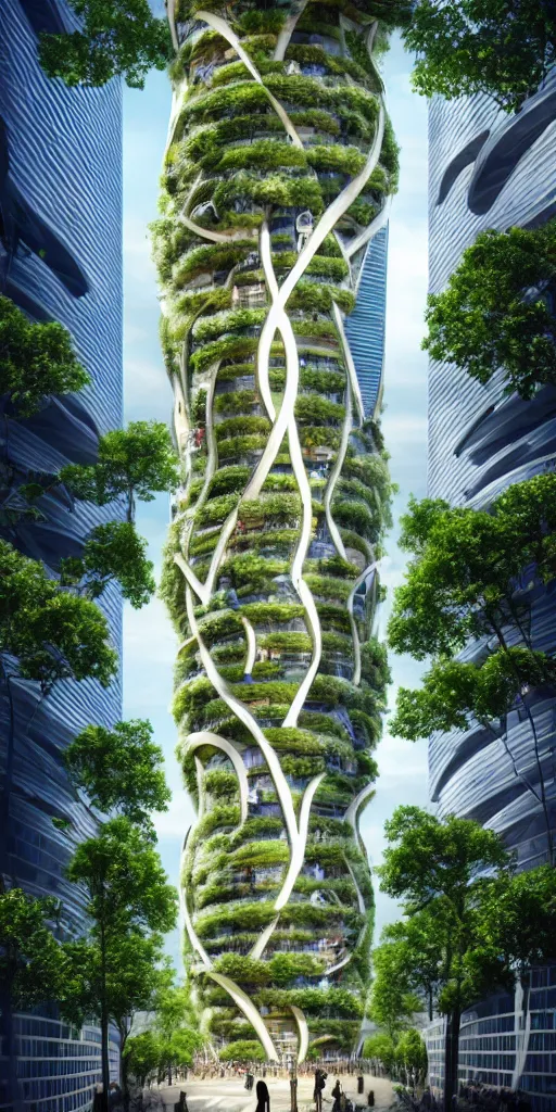 Prompt: photo of futurist biophilic vertical city with giant oak tree in the middle and homeless people praying