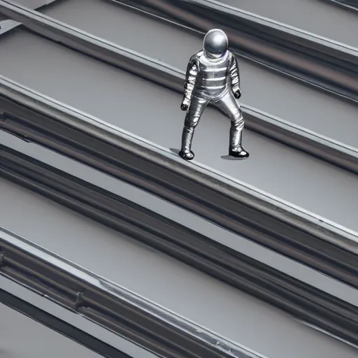 Image similar to mysterious man in silver space suit, walking on an industrial catwalk with stairs that lead nowhere, floating in deep space, 4 k photograph, isometric view