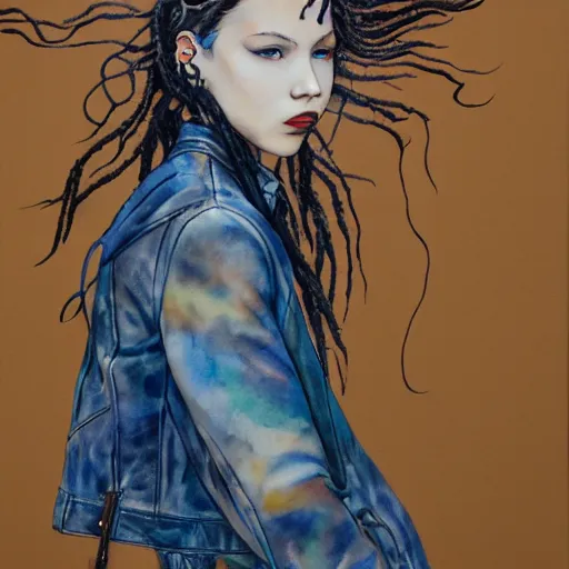 Prompt: james jean water color of a beautiful girl with dreadlock and a leather jacket