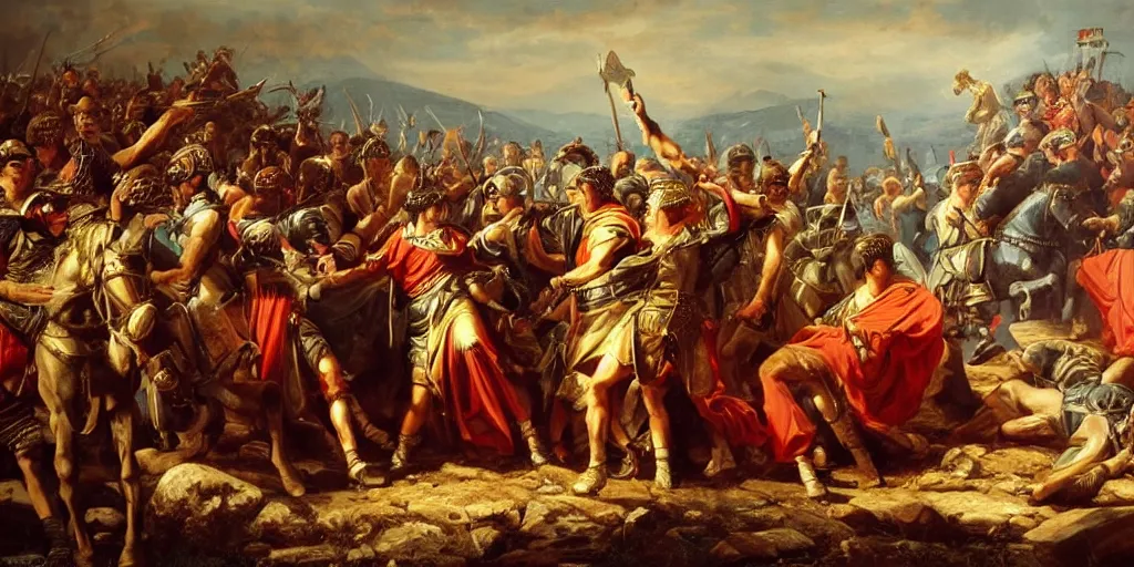 Prompt: Highly detailed and atmospheric Romantic-period oil painting of Julius Caesar in the battle of Pharsalus, dynamic lighting, 8K