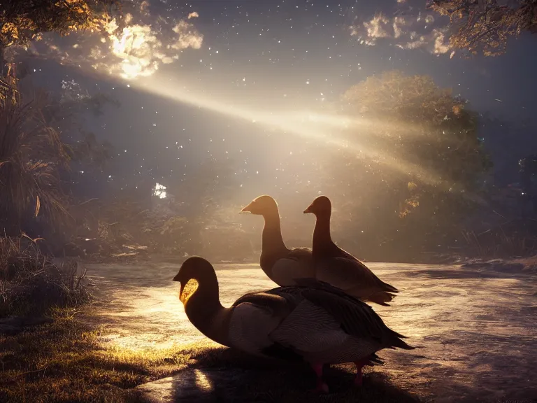 Image similar to geese dreaming of a place where love conquers all, 8 k, ultra realistic, lens flare, atmosphere, glow, detailed, intricate, full of colour, cinematic lighting, trending on artstation, 4 k, hyperrealistic, focused, extreme details, unreal engine 5, cinematic, masterpiece