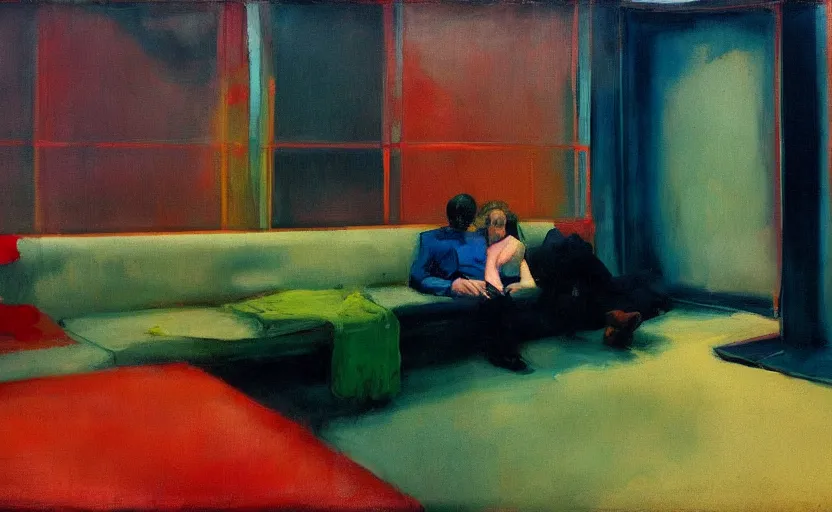 Prompt: abandoned lovers merging into each other in a the void metro, couches melting, Adrian Ghenie, 8k, Peter Doig, style of Edward Hopper, Todd Hido, Lucian Freud, painted by Ilya Repin, colors of Mark Rothko