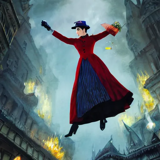 Image similar to Mary poppins , casting epic spell, magic the gathering artwork, D&D, fantasy, cinematic lighting, centered, symmetrical, highly detailed, digital painting, artstation, concept art, smooth, sharp focus, illustration, volumetric lighting, epic Composition, 8k, art by Akihiko Yoshida and Greg Rutkowski and Craig Mullins, heroic pose, oil painting, cgsociety, magic lab background