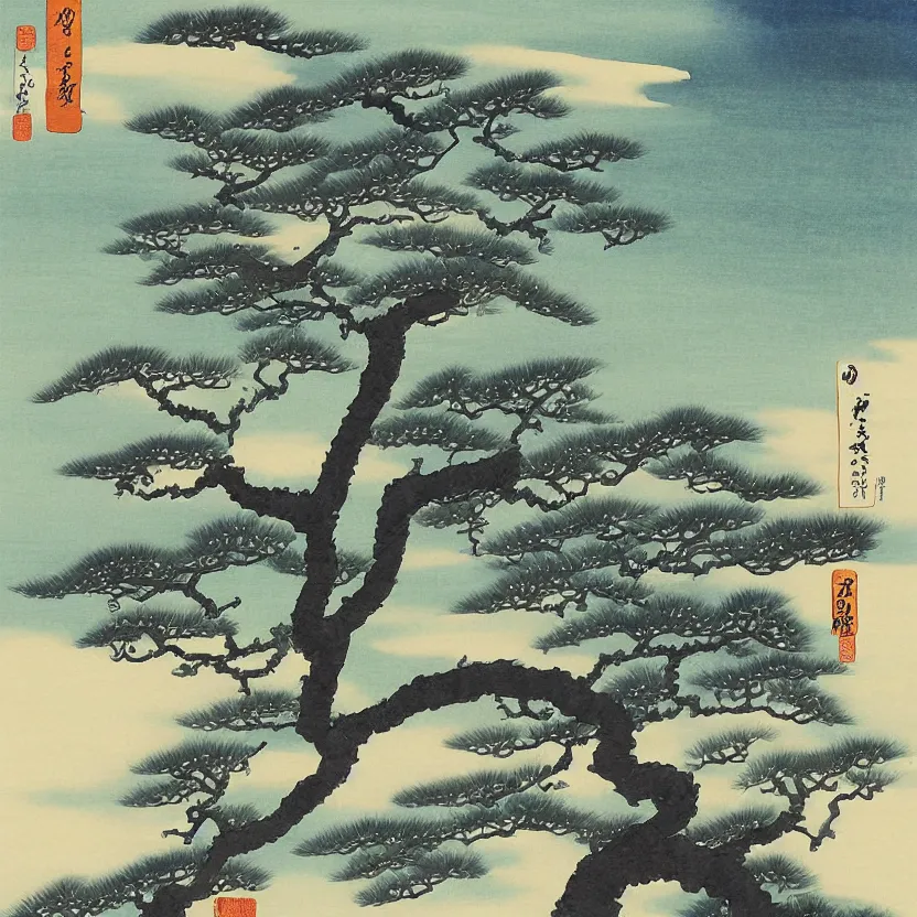 Prompt: a painting of a tree with a sky background, a detailed painting by Shin Saimdang, deviantart, shin hanga, ukiyo-e, watercolor, 2d game art