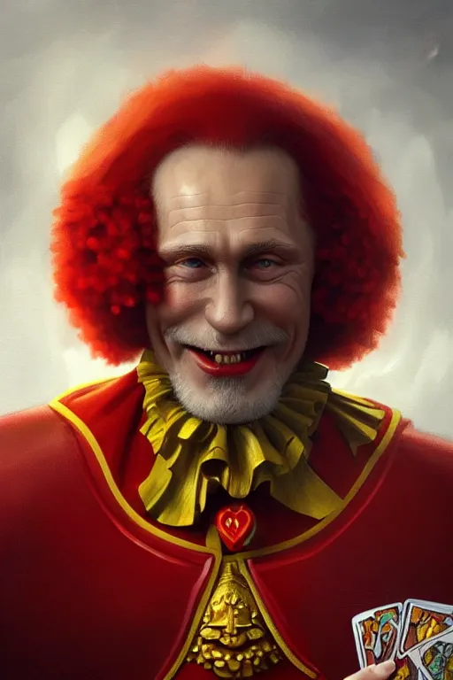 Image similar to vladimir putin as ronald mcdonald, closeup, d & d, fantasy, intricate, elegant, highly detailed, digital painting, artstation, concept art, matte, sharp focus, illustration, hearthstone, art by artgerm and greg rutkowski and alphonse mucha