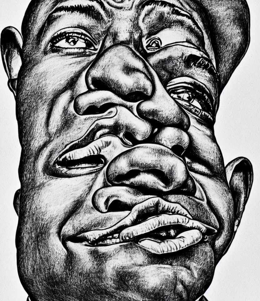 Image similar to detailed line art portrait of louis armstrong, inspired by egon schiele. elegant, minimalist, bold contour lines, musicality, soft twirls curls and curves, confident personality, raw emotion