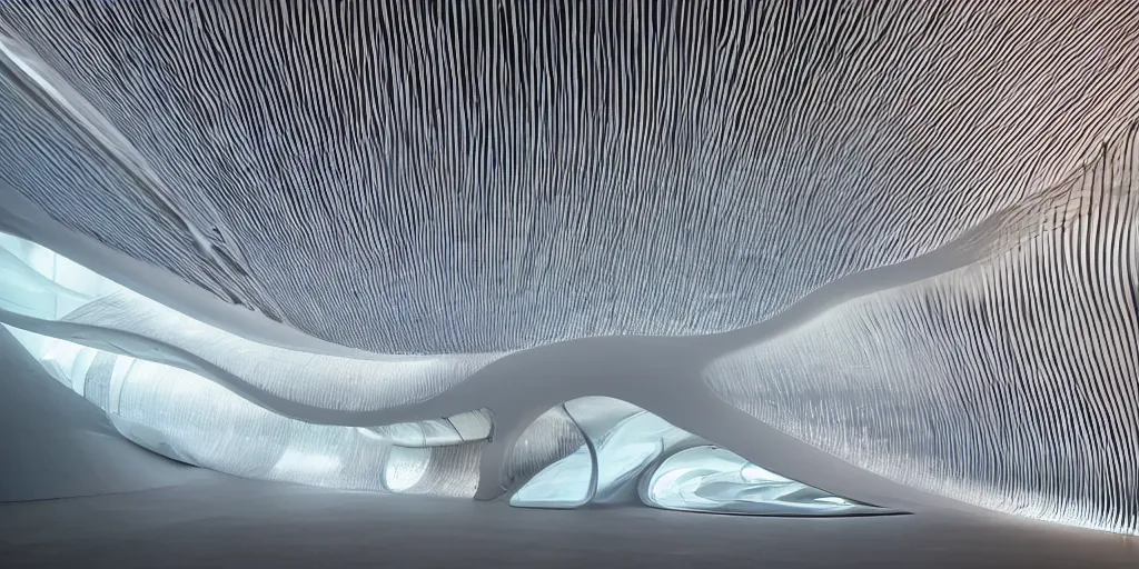 Image similar to extremely detailed awe ornate stunning beautiful futuristic smooth curvilinear elegant museum interior by zaha hadid, translucent gills, stunning volumetric light, stainless steel, concrete, translucent material, beautiful sunset, hyper real, 8k, colorful, 3D cinematic volumetric light, atmospheric light