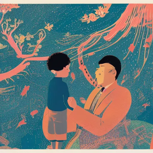 Image similar to a son admiring his father, joyful, illustration by victo ngai, studio muti, malika favre