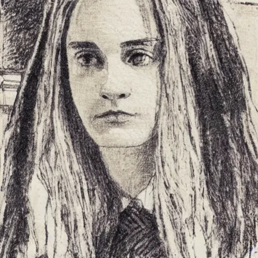 Prompt: hermione granger face, in the Hogwarts common room, drawn by Mikhail Vrubel