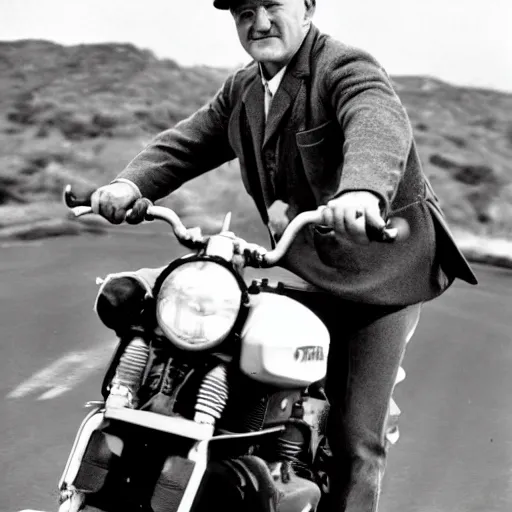 Image similar to gene hackman driving a motorbike