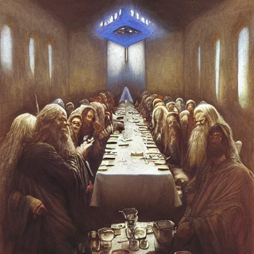 Image similar to gandalf's last supper, by alan lee, by john howe